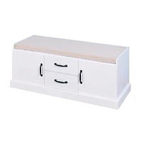 Wooden Entryway Shoe Cabinet With 2 Drawers And 2 Doors Living Room Storage Bench With White Cushion