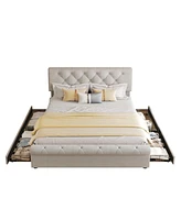 Streamdale Furniture Queen Upholstered Platform Bed with Drawers, Antique Headboard, Linen, Beige