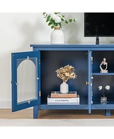 71" Stylish Tv Cabinet in Antique Blue, Solid Wood Frame, Glass Door & Metal Handle