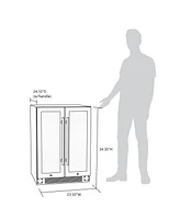 Newair 24 Inch Premium Built-in Dual Zone 20 Bottle and 60 Can French Door Wine and Beverage Fridge in Stainless Steel with SplitShelf and Beech Wood