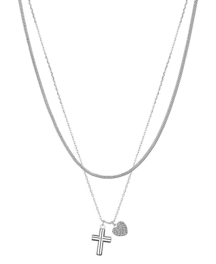 Unwritten Cubic Zirconia Puff Cross and Heart Snake Chain Layered Pendant Necklace