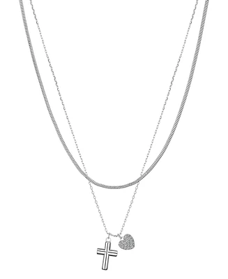 Unwritten Cubic Zirconia Puff Cross and Heart Snake Chain Layered Pendant Necklace