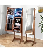 Sugift Lockable Jewelry Armoire Standing Cabinet with Lighted Full-Length Mirror-Walnut