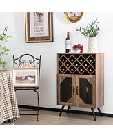 Sugift 2-Door Farmhouse Kitchen Storage Bar Cabinet with Wine Rack and Glass Holder