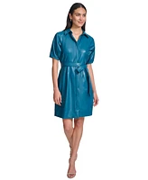 Calvin Klein Women's Faux-Leather Belted Shirtdress