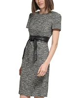 Calvin Klein Petite Tweed Tie-Front Short-Sleeve Dress