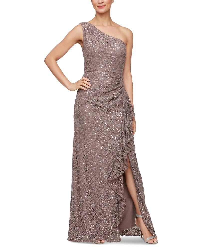 Alex Evenings Women's One-Shoulder Sequin Lace Sleeveless Gown