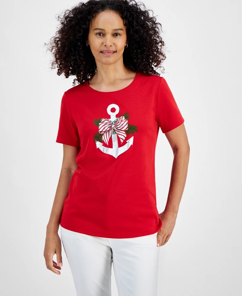 Holiday Lane Women's Anchor Crewneck Tee, Created for Macy's