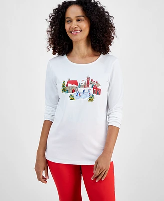 Holiday Lane Women's Winter Village Long-Sleeve Top, Created for Macy's