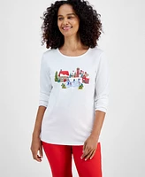 Holiday Lane Women's Winter Village Long-Sleeve Top, Created for Macy's