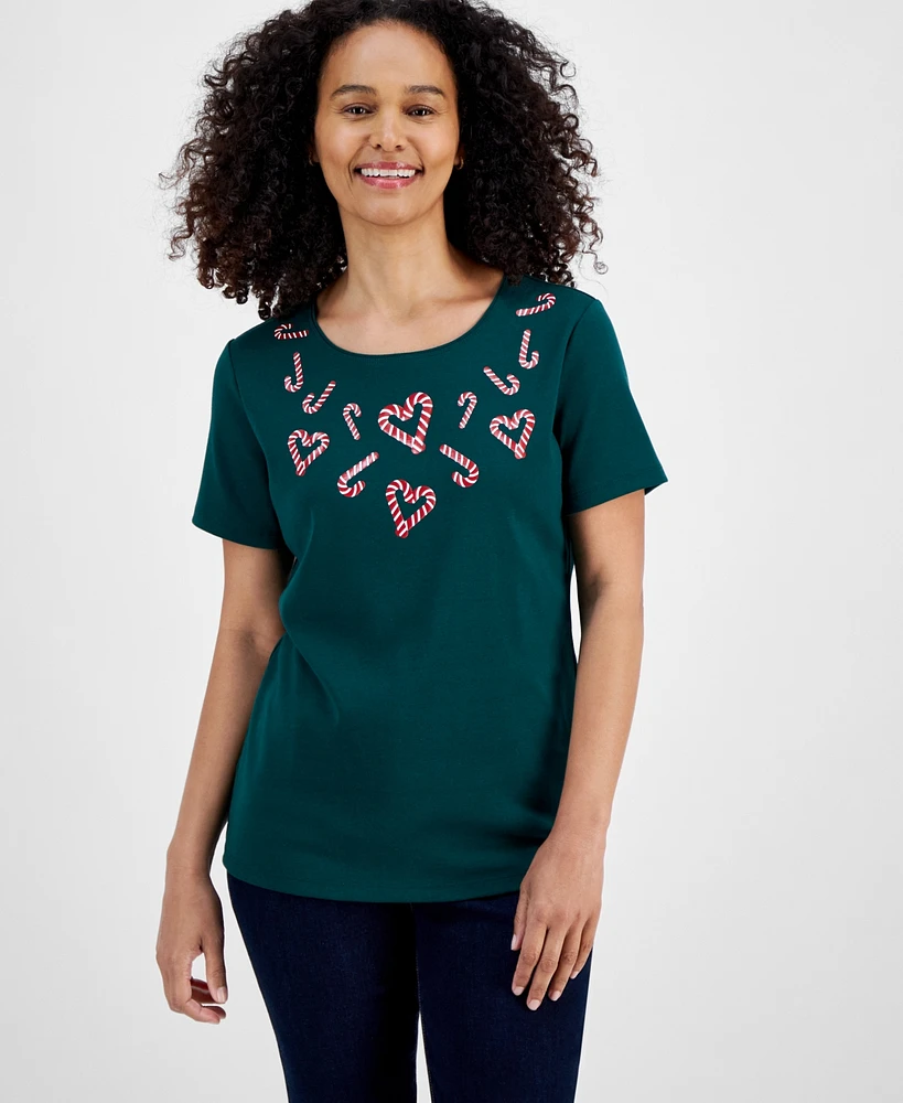 Holiday Lane Women's Candy Cane Twist Short-Sleeve Top, Created for Macy's