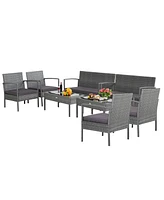 Costway 8 Pcs Outdoor Rattan Furniture Set Patio Conversation Sofa Set Cushioned Grey