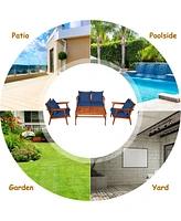 8PCS Patio Rattan Furniture Set Acacia Wood Frame Cushioned Sofa Chair Red