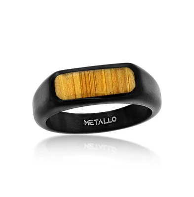 Metallo Stainless Steel Black Plated, Rectangle Wood Inlay Ring