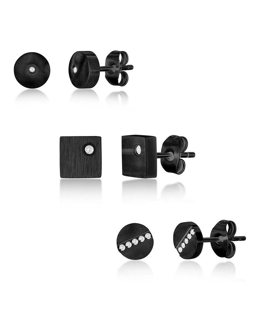 Metallo Black Plated over Stainless Steel, Set of 3 Cz Stud Earrings