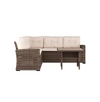 Merrick Lane Shelton Indoor/Outdoor L-Shaped Sofa/Dining Table Conversation Set With Wicker Rattan Construction And Weather-Resistant Cushions