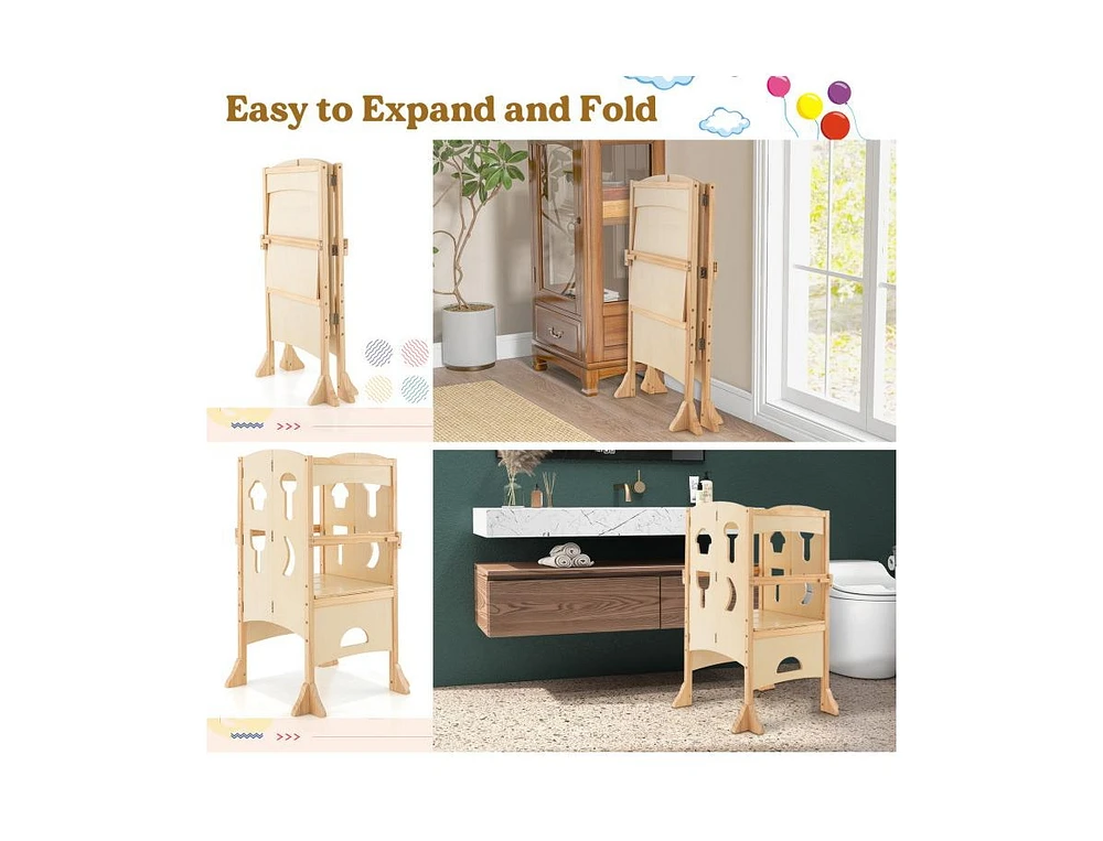 Slickblue Folding Wooden Step Stool with Lockable Safety Rail for Toddler 3+
