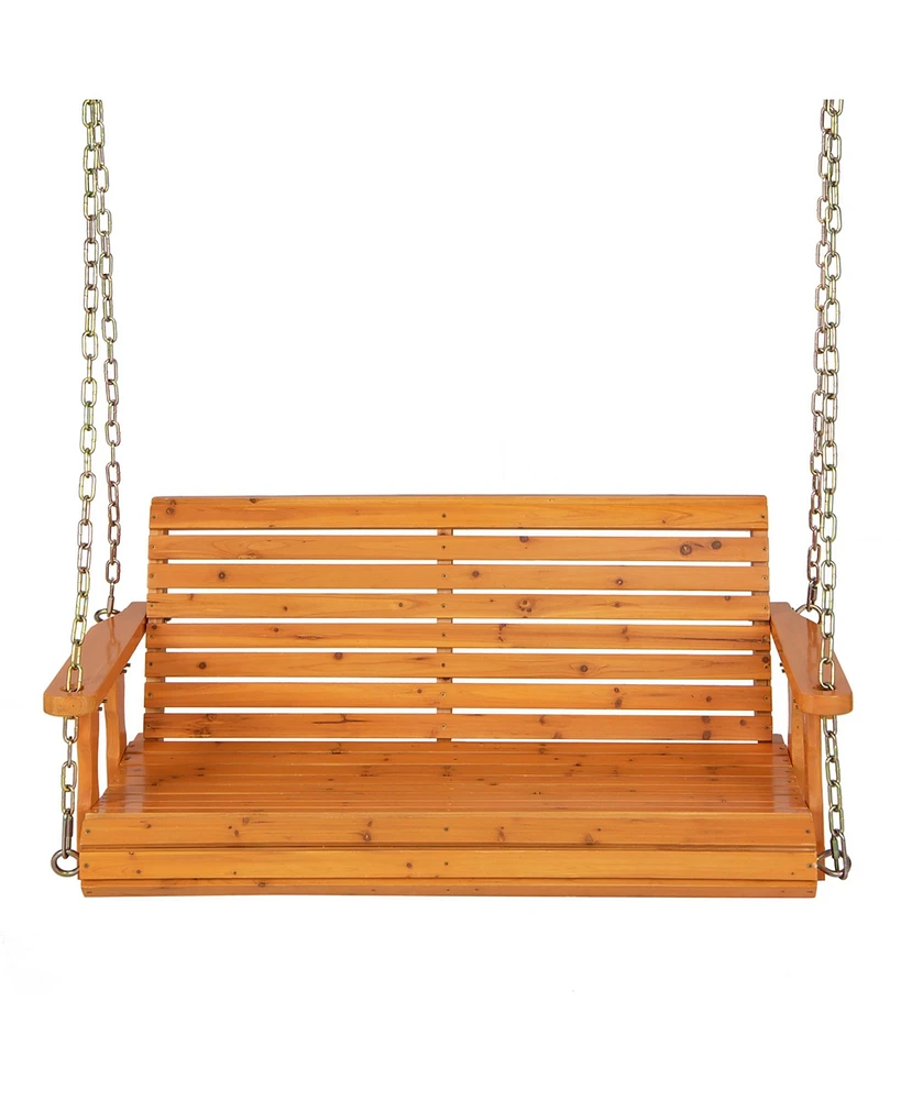 Costway Porch Swing Wood Outdoor Patio Hanging Bench Chair for Garden Backyard orange