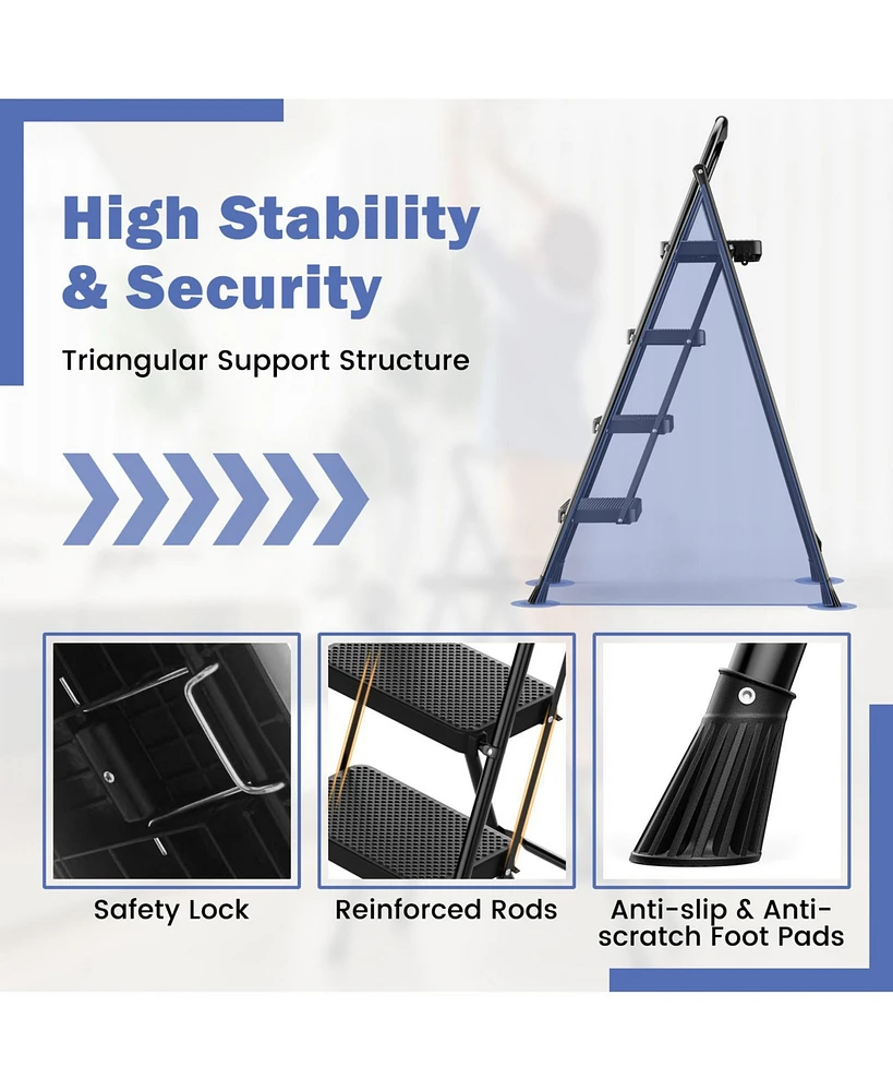 Slickblue Portable Folding 4 Step Ladder Stool for Adults with Wide Anti-Slip Pedal-Black