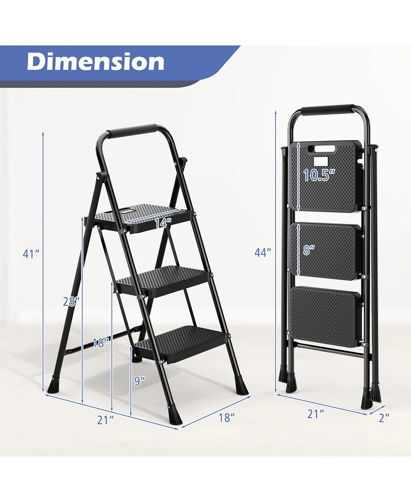 Slickblue Portable Folding 3 Step Ladder with Wide Anti-Slip Pedal and Convenient Handle-Black