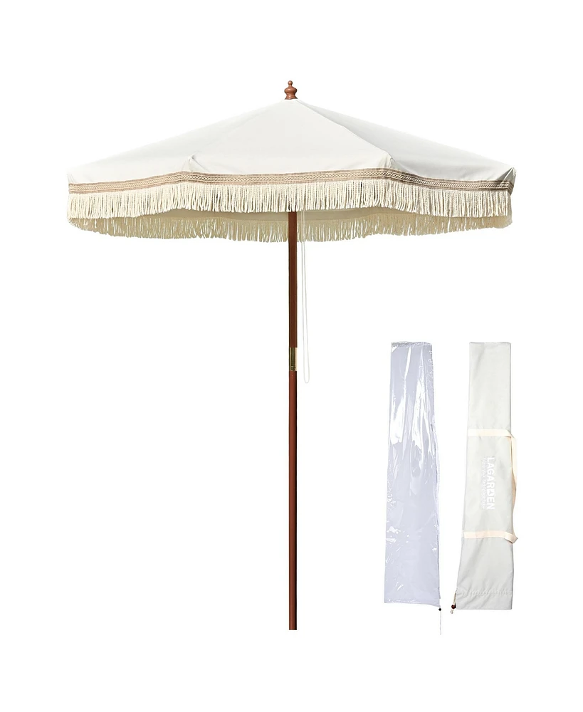 LAGarden 7' Patio Beige Umbrella with Tassels UPF50+ Boho Style 5-Year-Non-Fading for Outdoor,Model:BH7W-01P