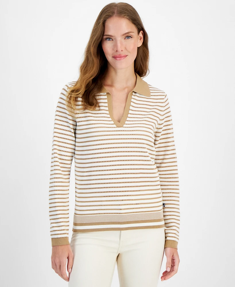 Nautica Jeans Women's Striped Johnny Collar Long-Sleeve Sweater