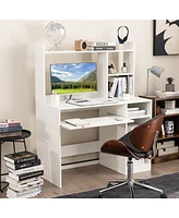 Gymax Computer Desk w/ Built-in Charge Station Wooden Writing Desk w/ Storage Hutch