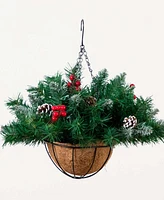 Nearly Natural 16in. Pre-Lit Artificial Pine and Berry Hanging Basket with White Led Lights