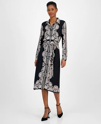 T Tahari Women's Printed Long-Sleeve Midi Shirtdress