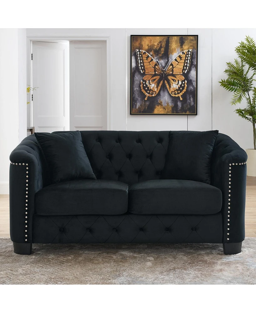 Simplie Fun 59" Black Velvet 2-Seater Chesterfield Sofa with Nailhead Arms