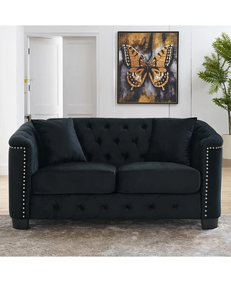 Simplie Fun 59" Black Velvet 2-Seater Chesterfield Sofa with Nailhead Arms