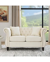 Simplie Fun Beige Velvet 2 Seater Sofa with Nailhead & Pillows