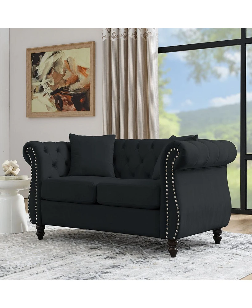 Simplie Fun Black Velvet Chesterfield Sofa with Rolled Arms & Nailhead Trim, 2-Seater, 2 Pillows