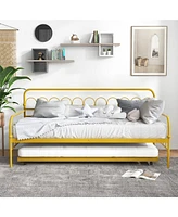 Sugift Twin Size Golden Metal Daybed with Trundle and Lockable Wheels-Twin Size