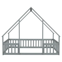 Full Wood House-Shaped Floor Bed with Fence, Guardrails, Grey