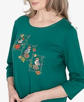 Alfred Dunner Classic Birds with Hats Detailed Crew Neck Top