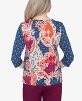 Alfred Dunner Classic Paisley Patchwork Knotted Crew Neck Top