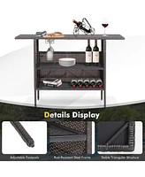 Sugift Outdoor Wicker Bar Table with 2 Metal Mesh Shelves