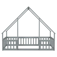 Twin Wood House-Shaped Floor Bed with Fence, Guardrails, Grey