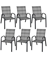 Gymax 6PCS Outdoor Pe Wicker Stacking Dining Chairs Patio Arm Chairs Mix Brown