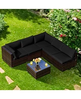 6PCS Patio Rattan Furniture Set Cushioned Sofa Coffee Table Garden