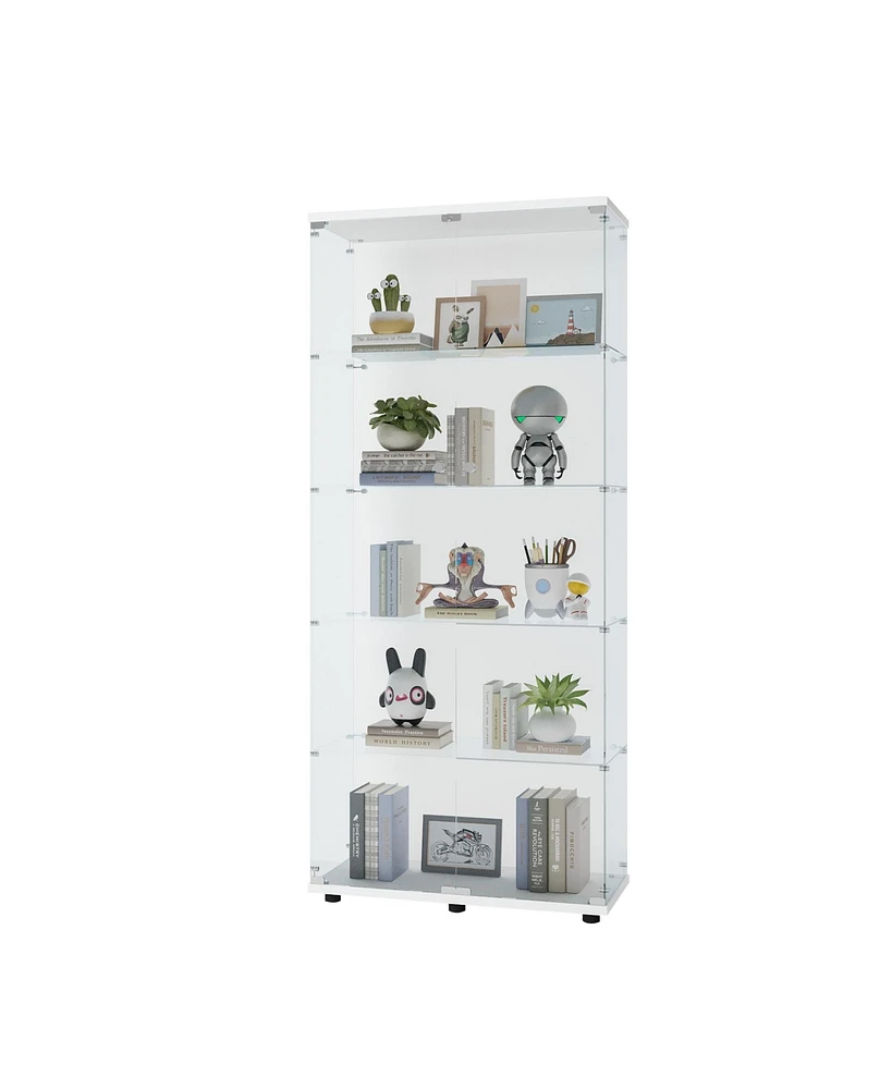 Simplie Fun White Glass Display Cabinet with Double Doors & 5 Shelves