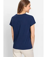 Olsen Women's 100% Cotton Short Sleeve T-Shirt with Embroidered Neckline