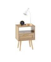 Streamdale Furniture Rattan End Table With Power Outlet & Usb Ports, Modern Nightstand With Drawer And Solid Wood