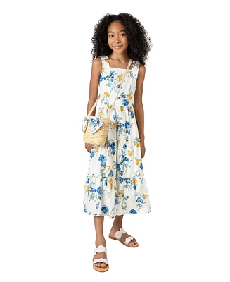 Rare Editions Big Girls Floral Maxi Dress with Straw Bag, 2 Pc