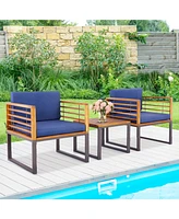 Slickblue 3 Pieces Patio Acacia Wood Conversation Set with Cushioned Armchairs-Navy