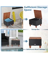 Costway 3PCS Patio Rattan Furniture Set Cushioned Sofa Storage Table with Wood Top