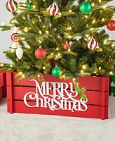 Glitzhome L Red Merry Christmas Wooden Crate Tree Collar