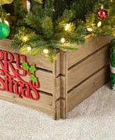 Glitzhome L Natural Wooden Merry Christmas Solid Wood Crate Tree Collar