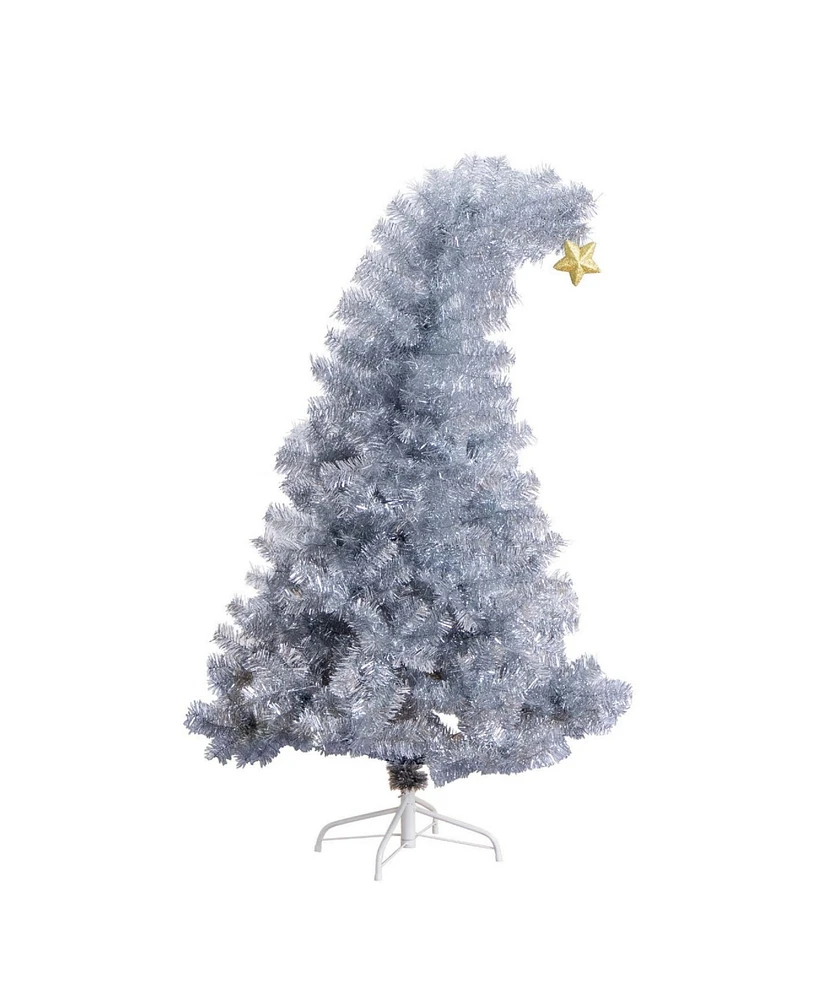 Nearly Natural 5ft. Artificial Silver Tinsel Holiday Santa's Hat Christmas Tree with Star Topper